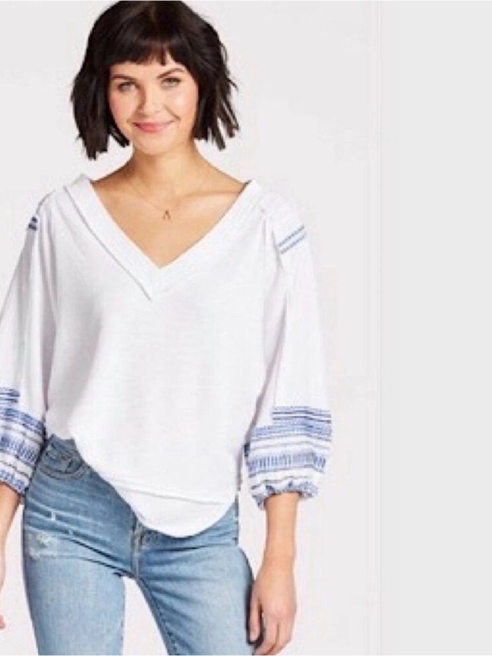 Free People We The Free Boho Embroidered Sleeve Thermal Top Medium